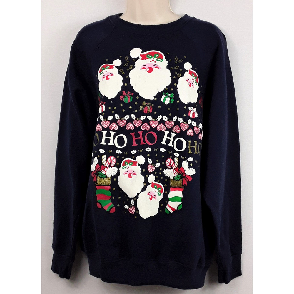 Ugly Christmas Sweater Blue Ho Ho Ho 1X LS Merry